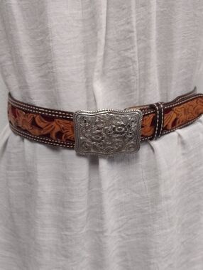 Tooled Leather Western Belt with Ornate Silver Buckle(Interchangeable)-Brown/Tan